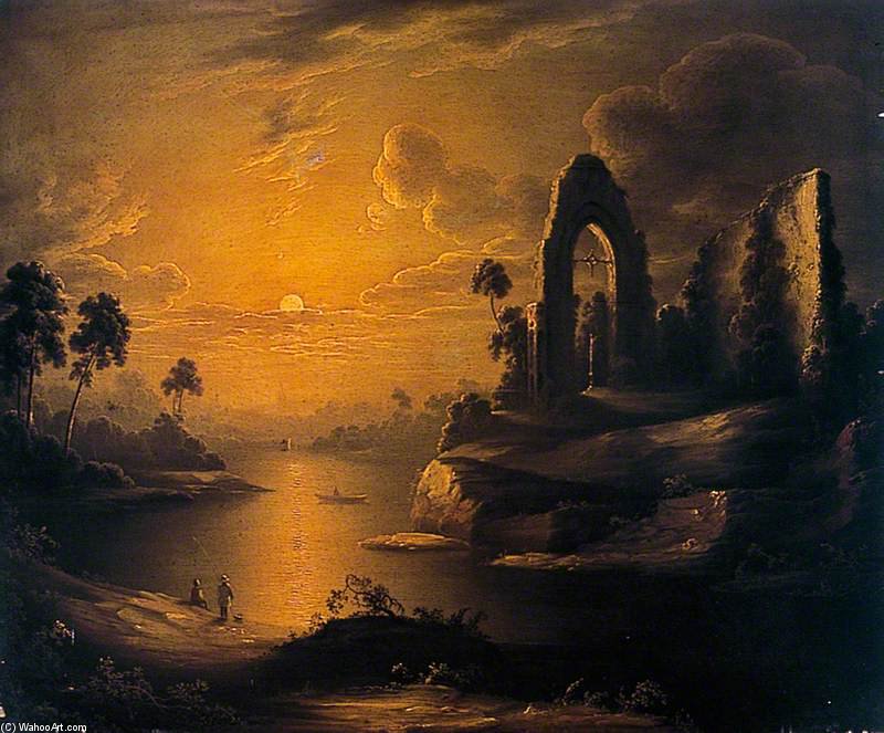 Moonlit Landscape With Lake And Ruined Abbey — Abraham Pether (mondlicht-pether)