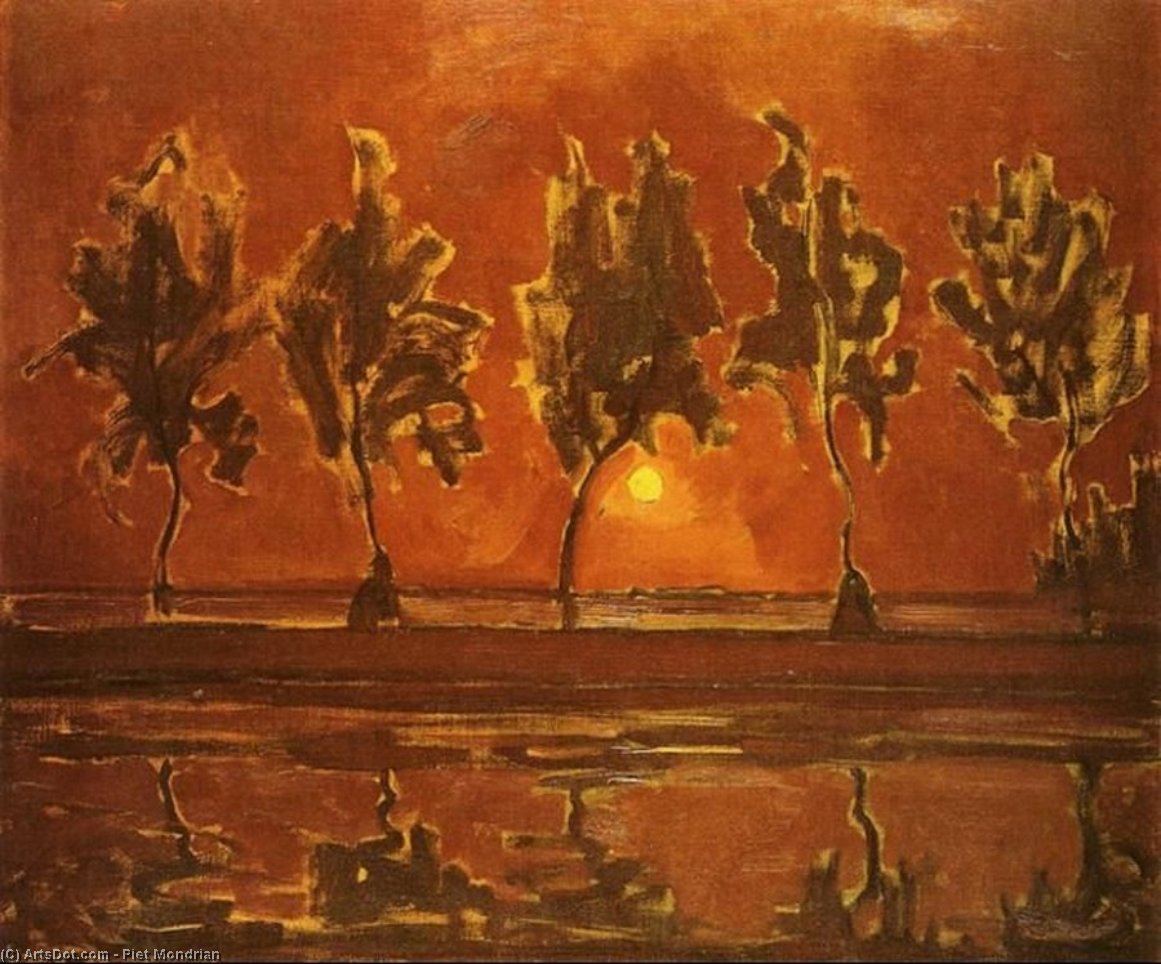 Árboles Al Gein Con Luna Llena — Piet Mondrian