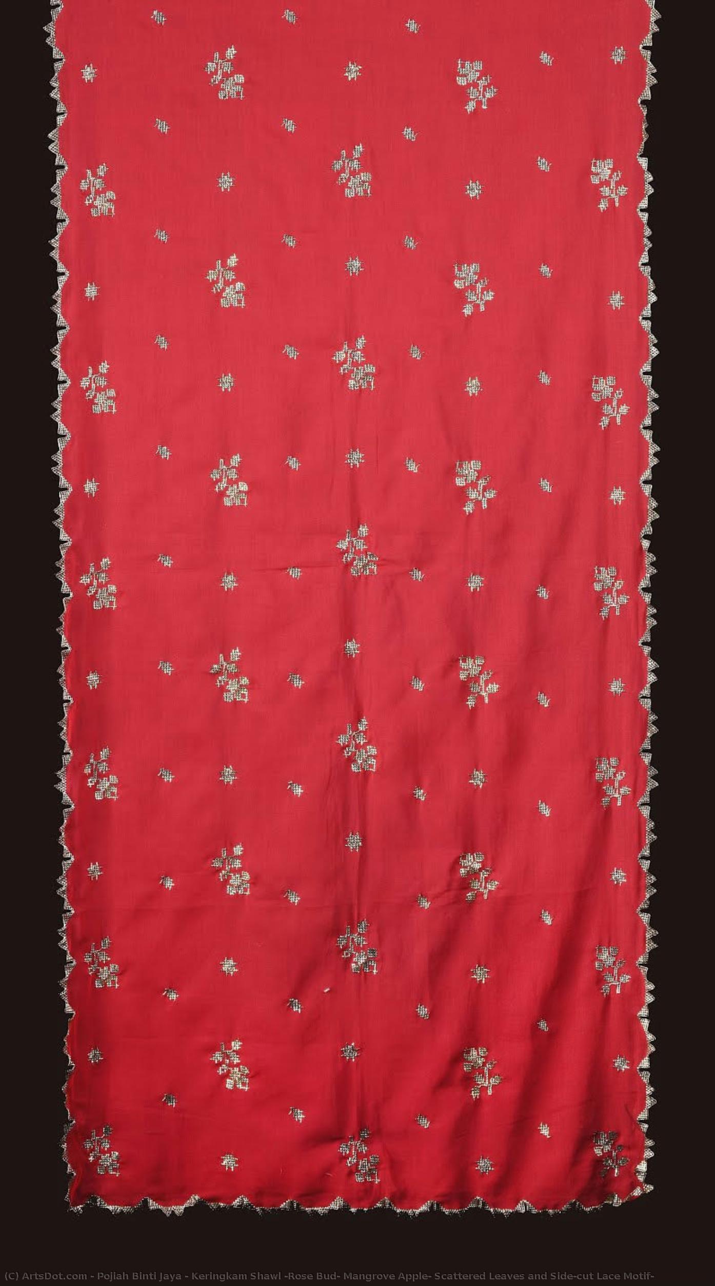 Keringkam Shawl (rose Bud, Mangrove Apple, Scattered Leaves And Side-cut Lace Motif) — Pojiah Binti Jaya