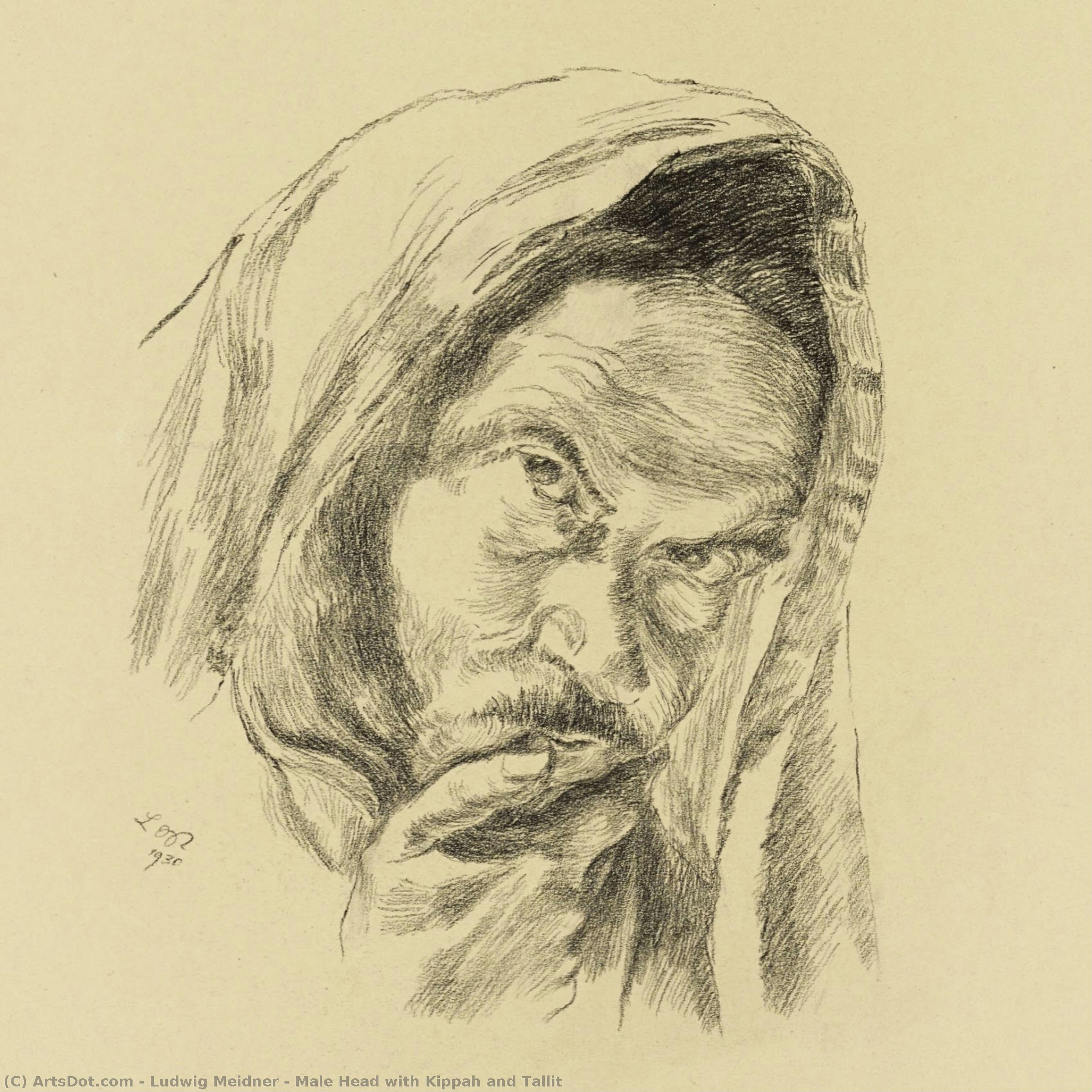 Male Head With Kippah And Tallit — Ludwig Meidner