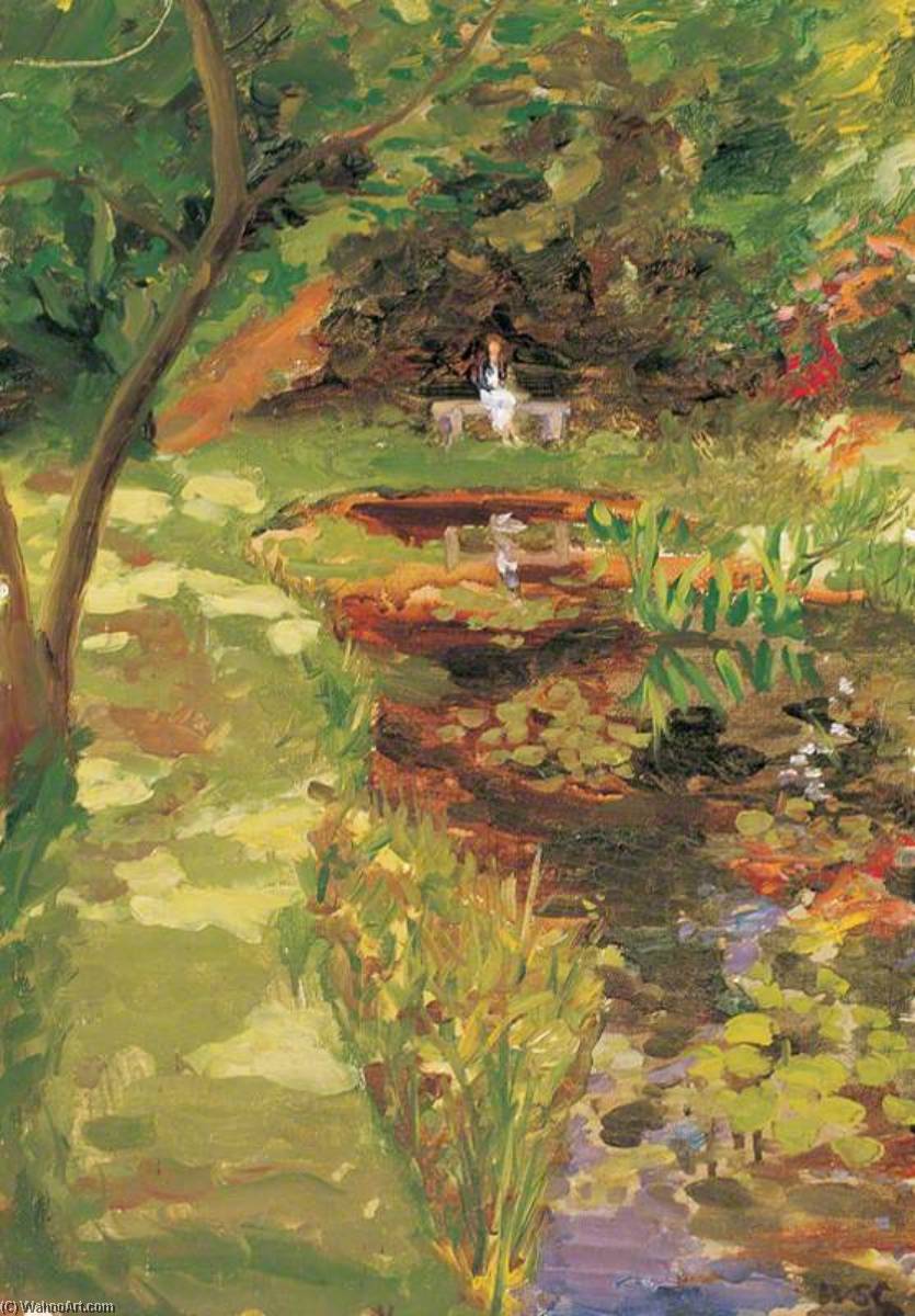 The Lily Pond At Coombe Place, With A Figure Sitting On A Bench — Winston Spencer Churchill