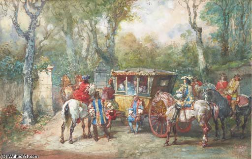 A Group Of Riders Carosse Around A Door To A Park — Eugene Louis Lami