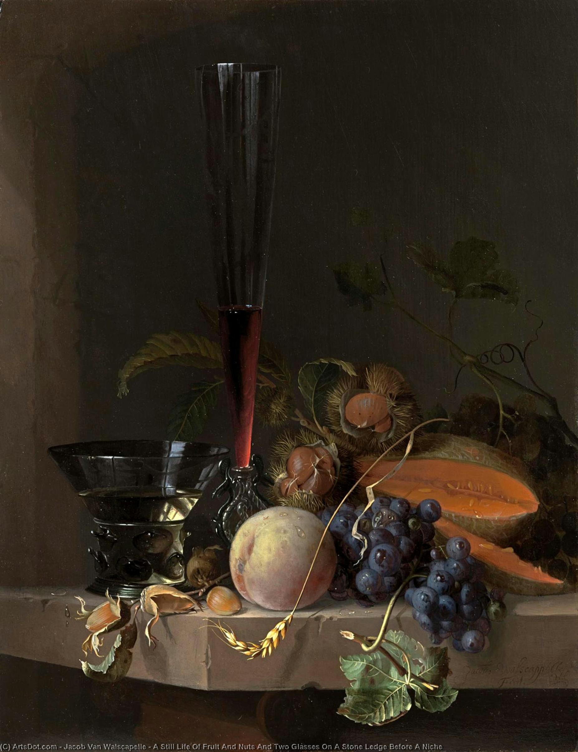A Still Life Of Fruit And Nuts And Two Glasses On A Stone Ledge Before A Niche — Jacob Walscapelle