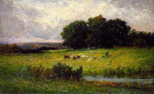 Bright Scene Of Cattle Near Stream, (painting) — Edward Mitchell Bannister