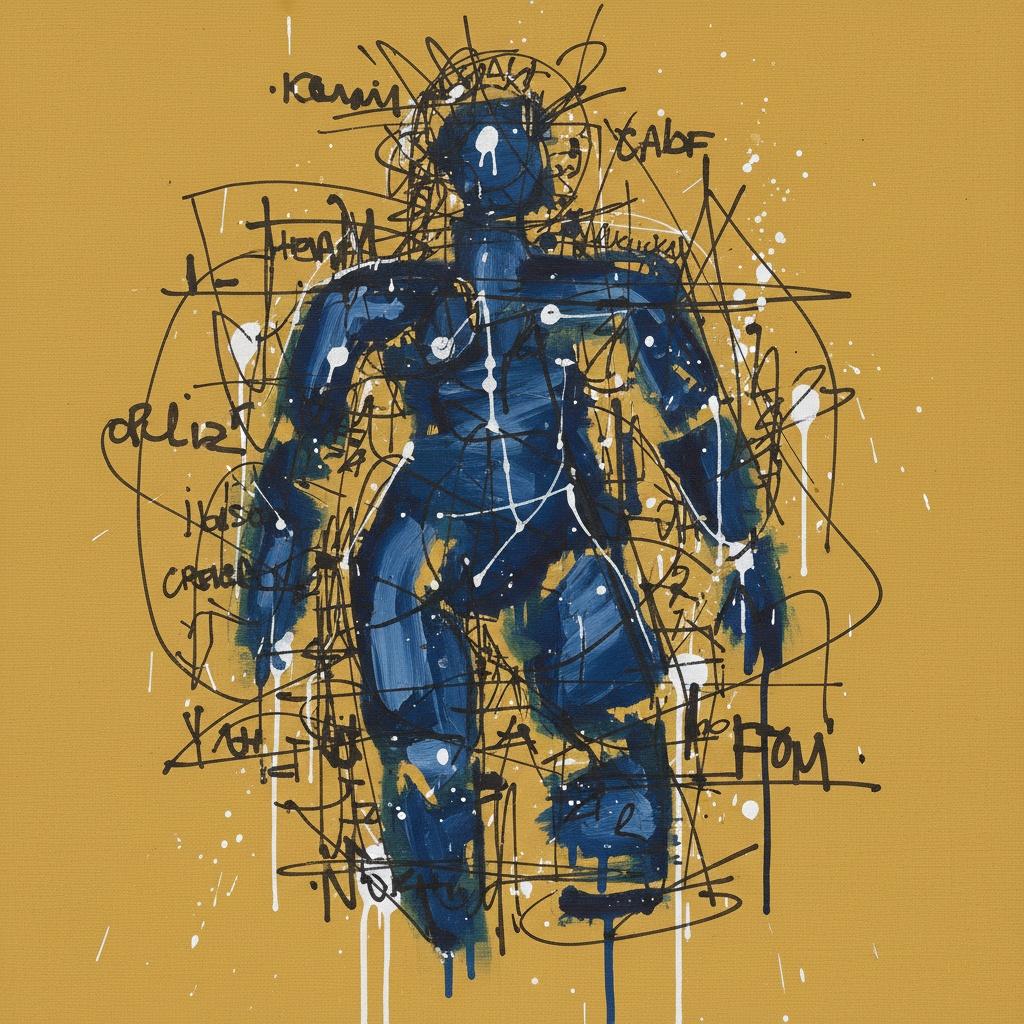 Fragmented Indigo Silhouette Amidst Kinetic Black Gestures And Ochre Shadows — Laurent Fabre