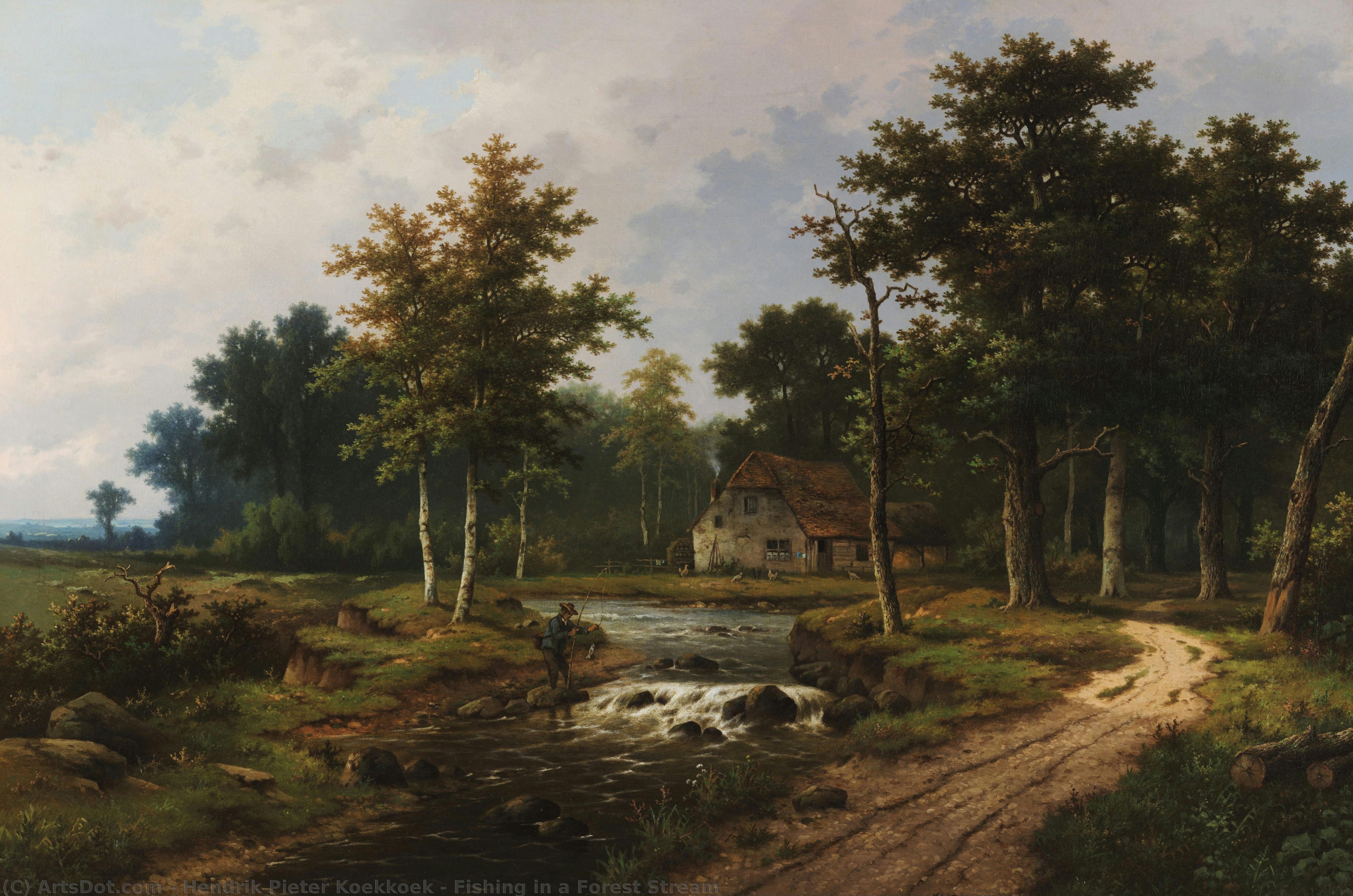 Fishing In A Forest Stream — Hendrik Pieter Koekkoek