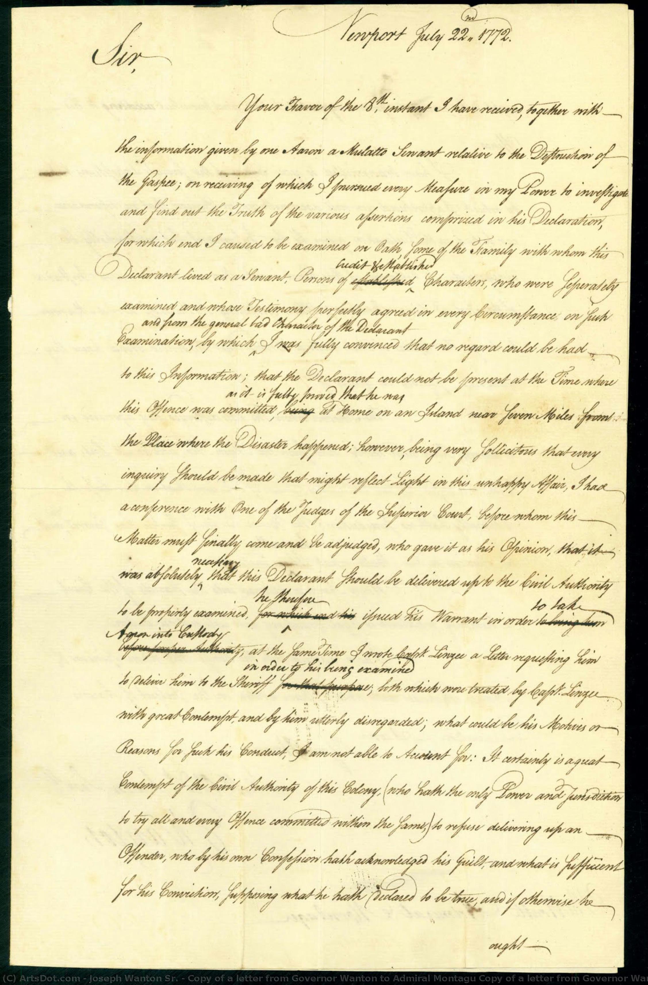 Copy Of A Letter From Governor Wanton To Admiral Montagu Copy Of A Letter From Governor Wanton To Admiral Montagu, Page 1. — Joseph Wanton Sr.
