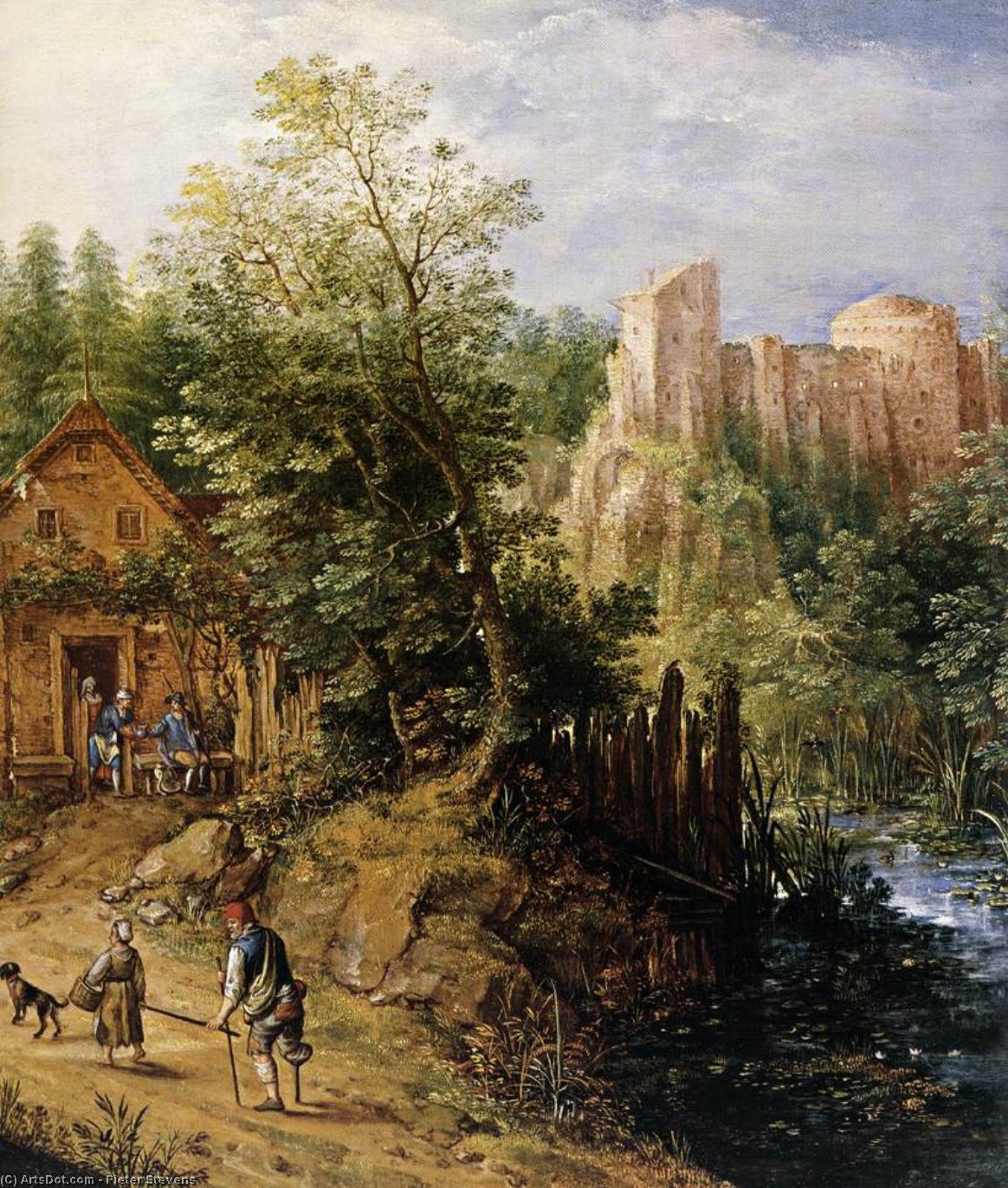 Mountain Valley With Inn And Castle (detail) — Pieter Stevens