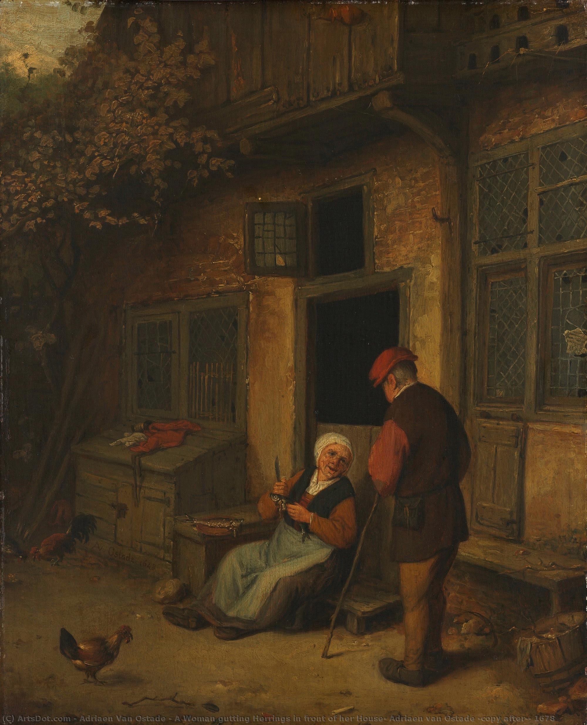 A Woman Gutting Herrings In Front Of Her House, Adriaen Van Ostade (copy After), 1678 — Adriaen Van Ostade