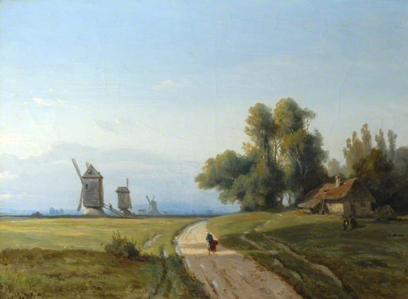 Landscape With Trees And A Cottage, Windmills In The Distance — Joséphine Bowes