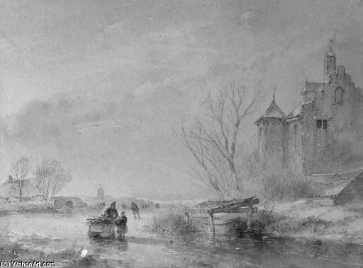 Skaters On A Frozen Waterway Near A Fortified Mansion — Andreas Schelfhout
