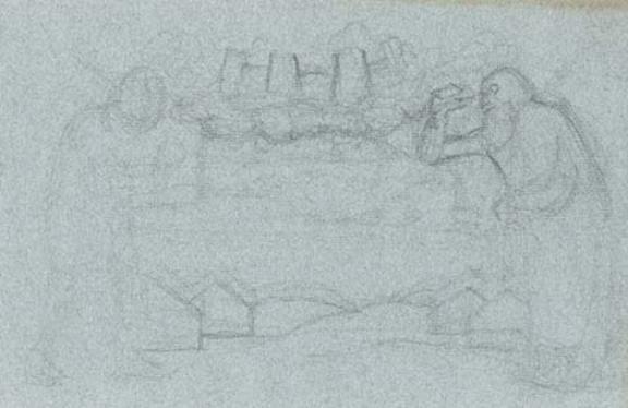 Sketch With Two Figures And Village — Nicholas Roerich