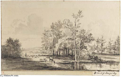 A Pond In A Wood With A Herdsman Watering His Cattle — Pieter Gerardus Van Os