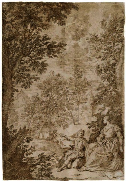 A Woman And A Small Boy Seated In A Wooded Landscape With A Piper In The Background — Donato Creti