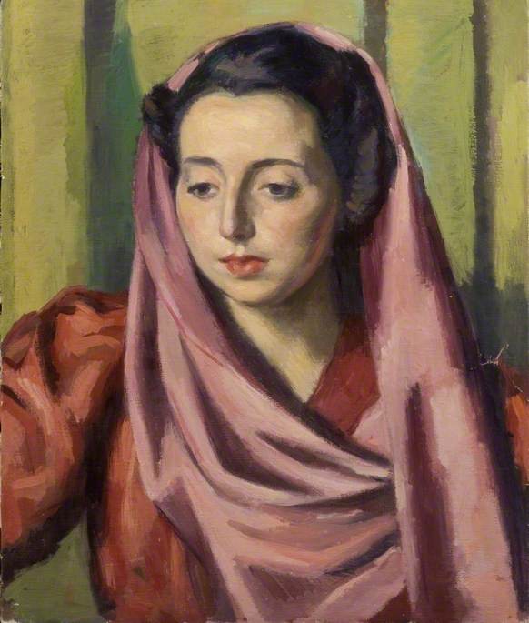 Portrait Of A Woman With A Purple Shawl And A Red Dress — Theodor Kern