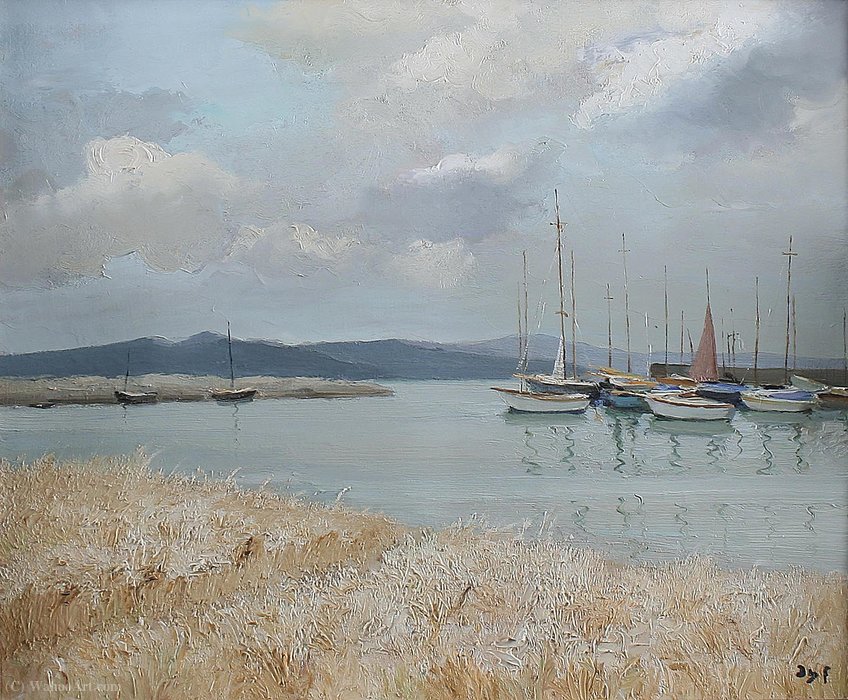 Wheat Field In Front Of Boats And Mountains — Marcel Dyf