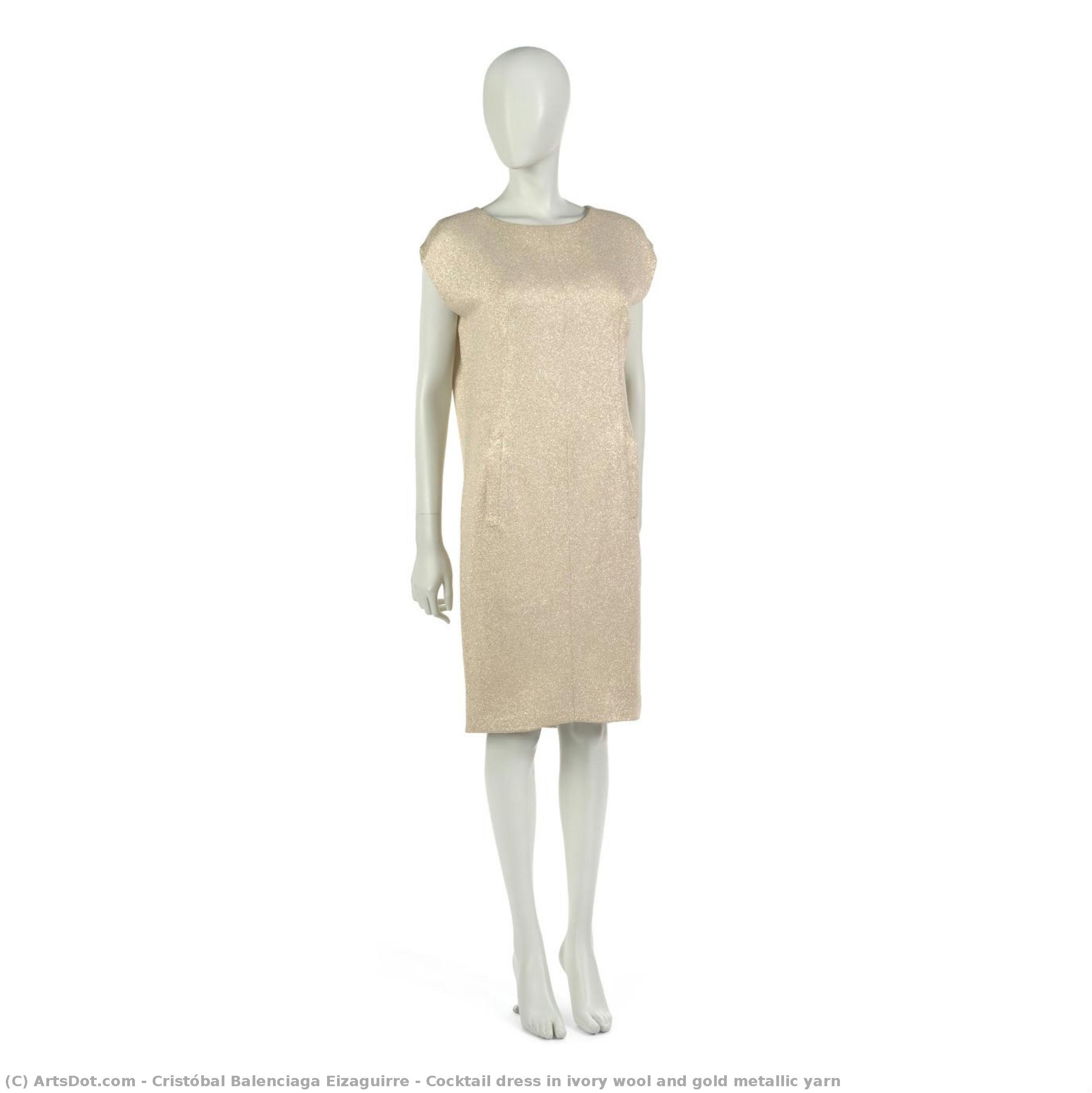 Vestido De Cóctel De Lana Color Marfil Y Hilo Metálico Dorado — Cristóbal Balenciaga Eizaguirre