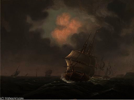 Frigates In Close Quarters, A Lighthouse Off Their Sterns — Charles Martin Powell