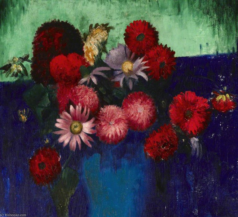 Still Life, Dahlias And Daisies In A Blue Vase — Mark Gertler