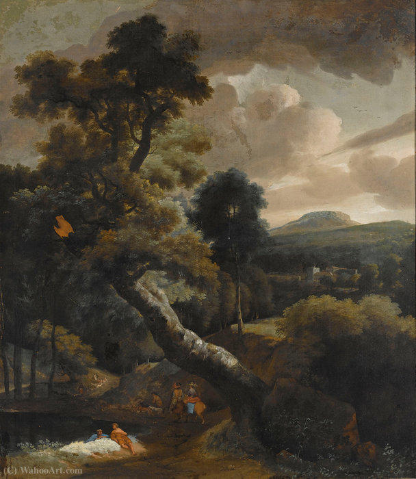 A Wooded Hilly Landscape With Figures Resting Near A Stream, Horsemen On A Path Nearby, A View Of A Town Beyond — Jacob Esselens