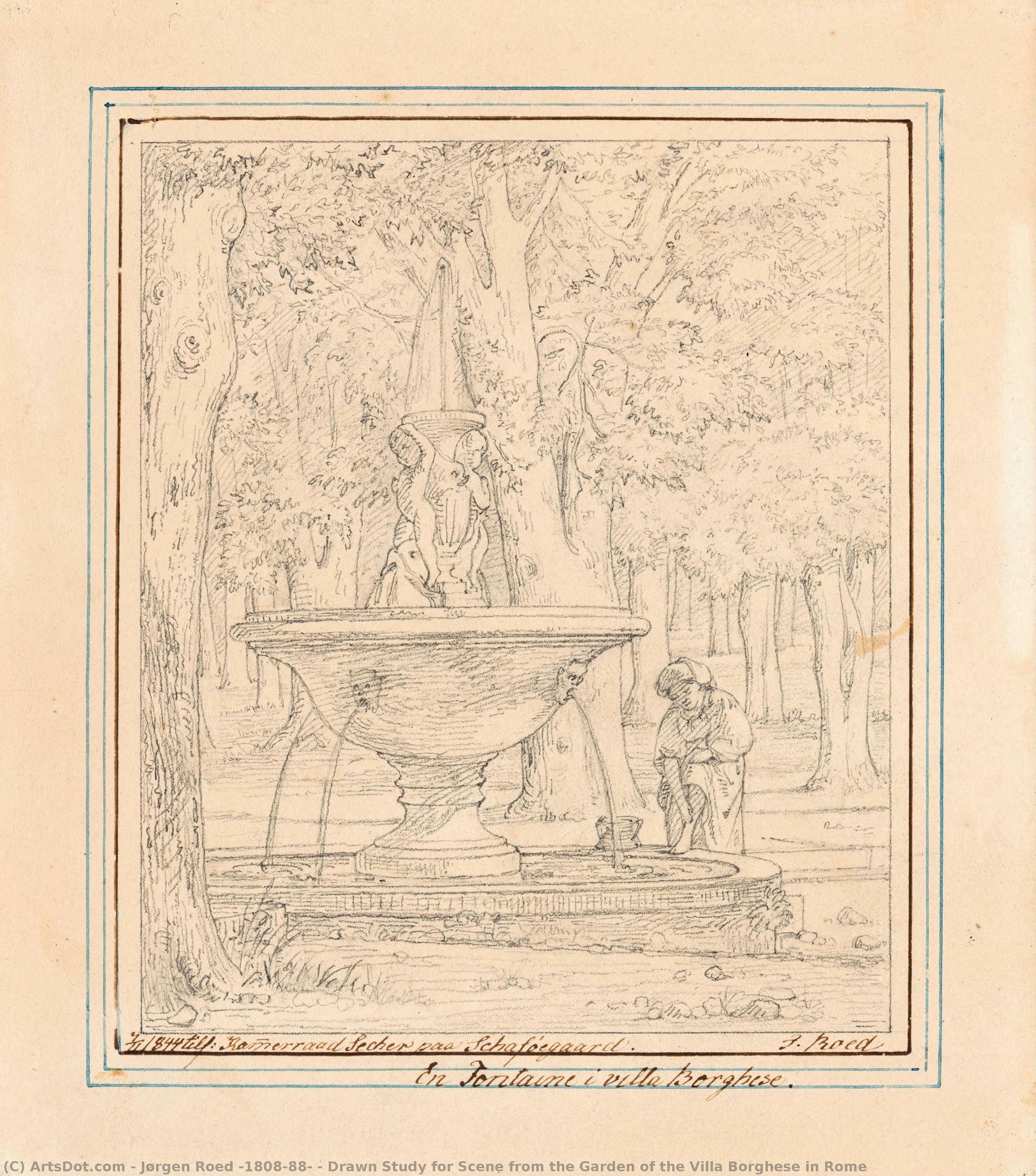 Drawn Study For Scene From The Garden Of The Villa Borghese In Rome — Jørgen Roed (1808–88)