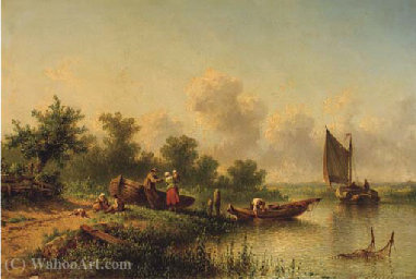 A Fisherfamily Standing By A River On A Sunny Day — Johannes Hilverdink