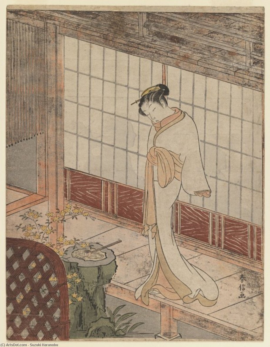 Courtesan In Night Attire Standing On A Verandah — Suzuki Harunobu