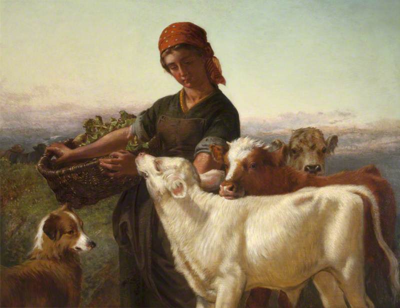 A Farm Girl With Three Calves And 'silky' — Henry Hetherington Emmerson