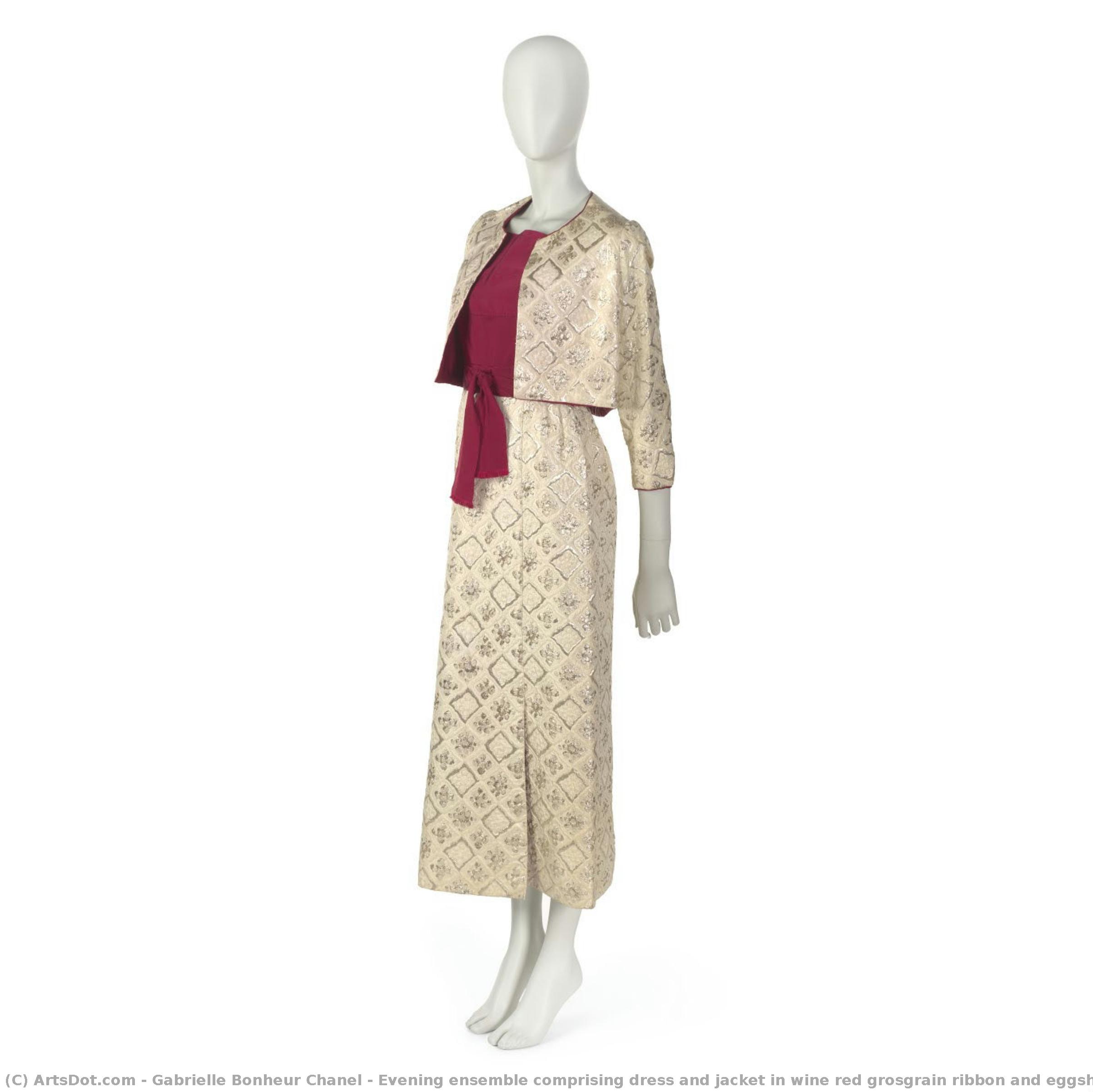 Evening Ensemble Comprising Dress And Jacket In Wine Red Grosgrain Ribbon And Eggshell And Silver Brocade, With Ribbon Belt — Gabrielle Bonheur Chanel