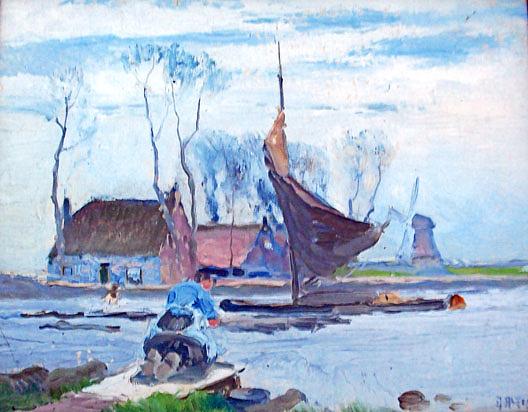 (dutch Washerwoman By Canal) (painting) — Mathias Joseph Alten