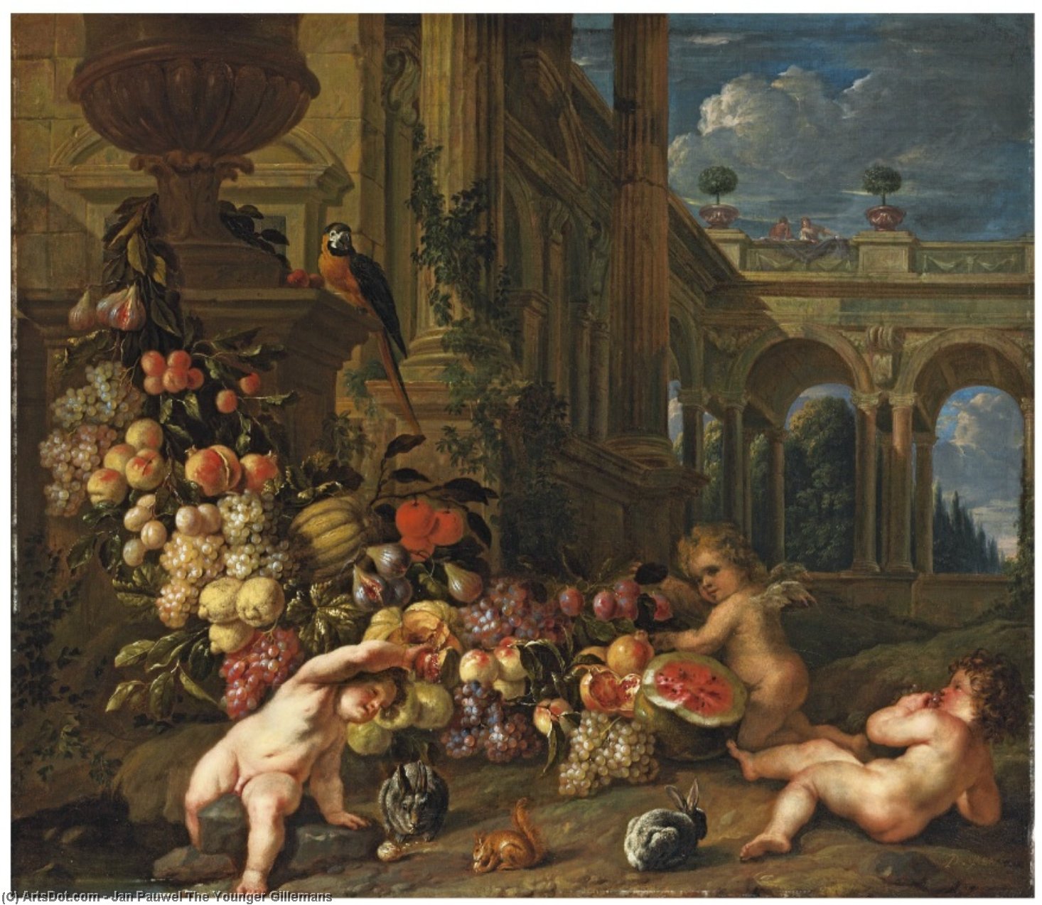 An Architectural Capriccio With Putti Around A Swag Of Fruit, With A Parrot, Squirrel And Rabbits — Jan Pauwel The Younger Gillemans