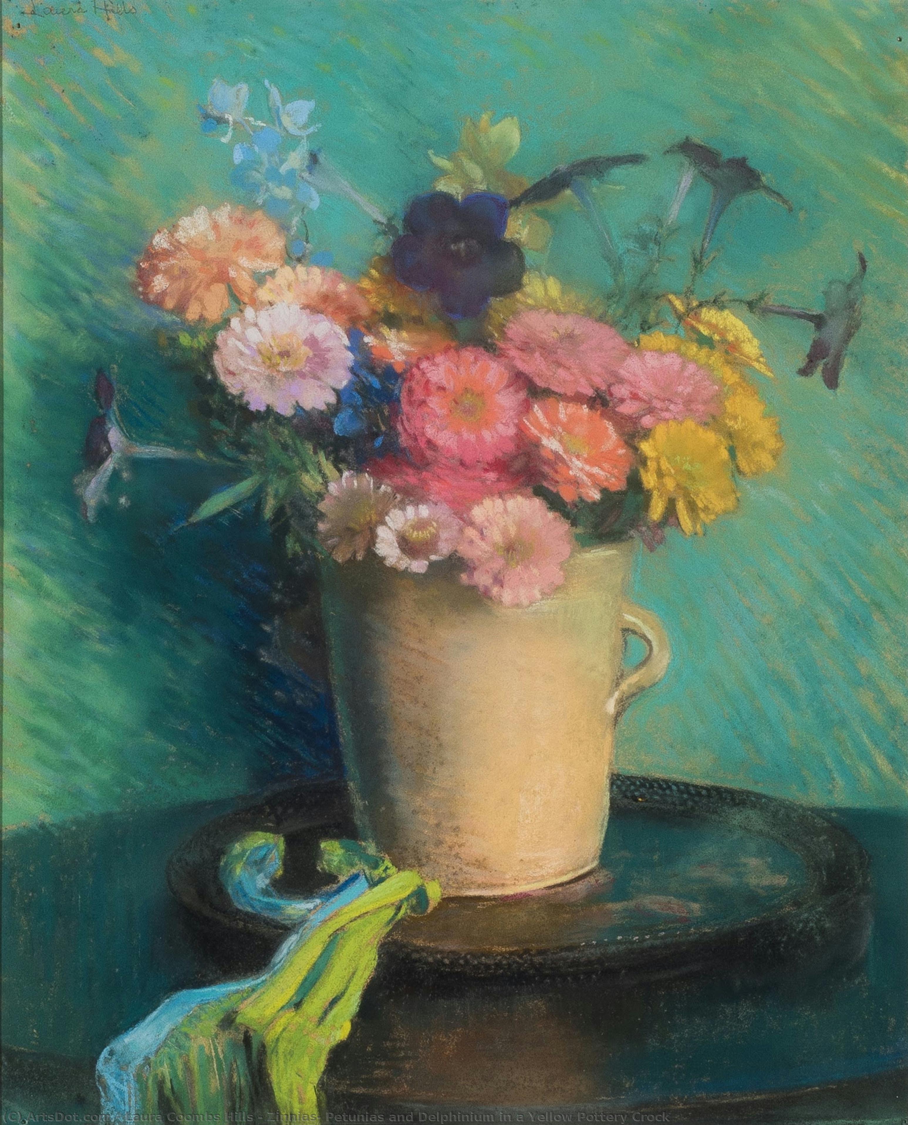 Zinnias, Petunias And Delphinium In A Yellow Pottery Crock — Laura Coombs Hills