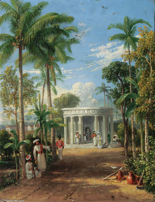 An Indian Garden Scene With European And Indian Figures By A Classical Mausoleum — William Havell