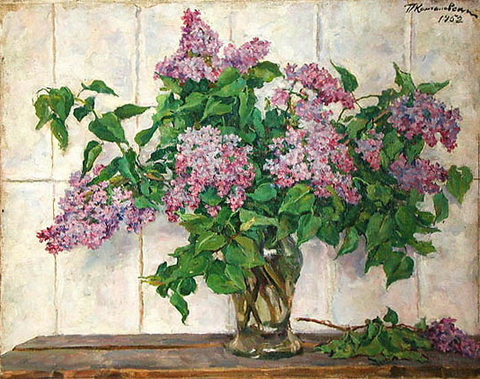 Still Life - Lilacs In A Glass Jar Against The Stove — Pyotr Konchalovsky