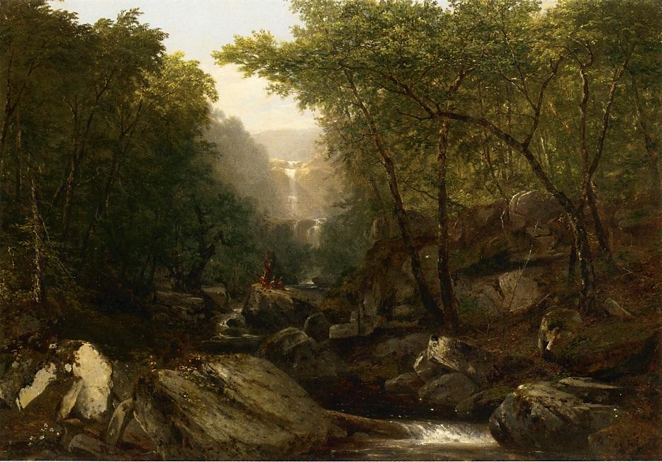 Waterfall In The Woods With Indians — John Frederick Kensett