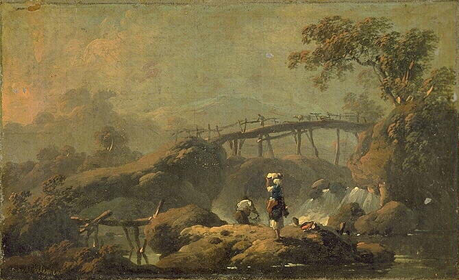 Paysage Au Pont, Pêcheur Et Lavandière — Jean-baptiste Pillement