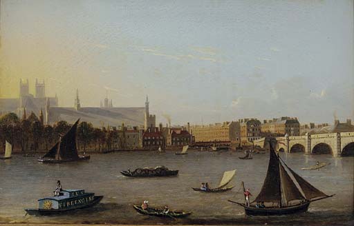 A View Of Westminster With A Sun Fire Barge In The Foreground, And Westminster Bridge Beyond — Daniel Turner