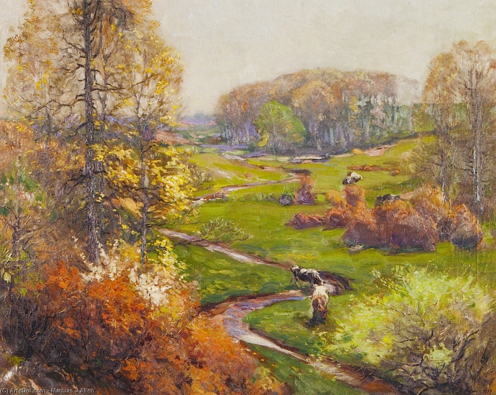 Spring Landscape With Meandering Stream And Cows — Mathias Joseph Alten