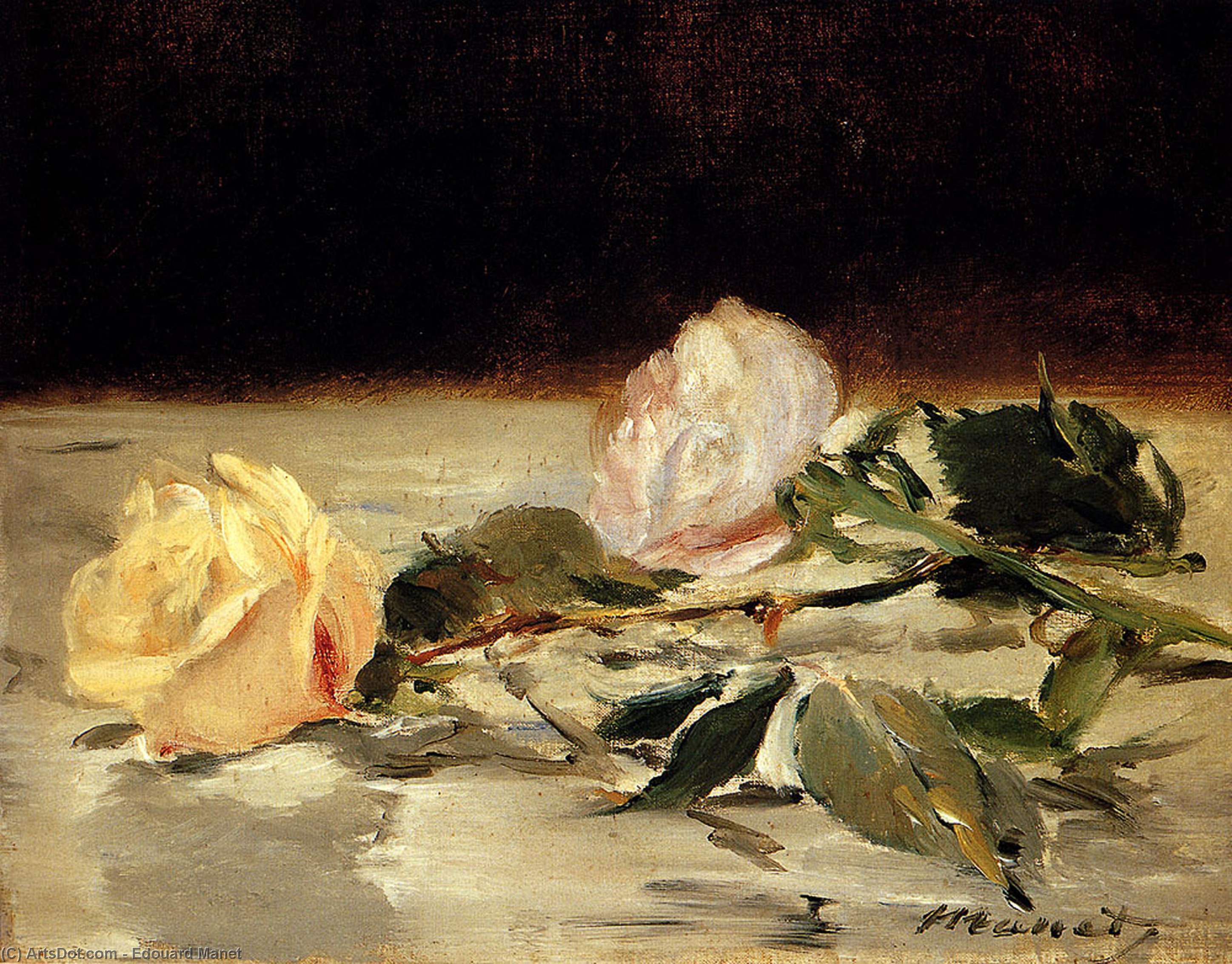 { "translation": "dos Rosas Sobre Una Tabla Blanca" } — Édouard Manet