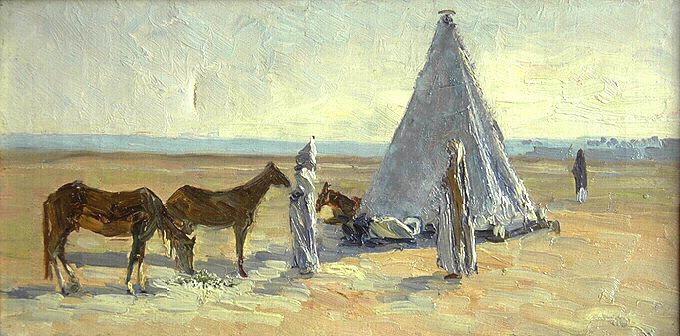 Campement Au Désert (titre Inscrit) Le Marché Aux Chevaux Au Caire (ancien Cartel) — Joseph-félix Bouchor