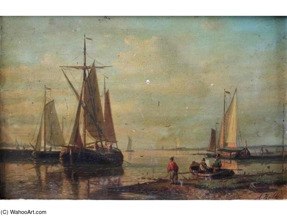 Figures And Boats By An Estuary — Abraham Hulk Senior