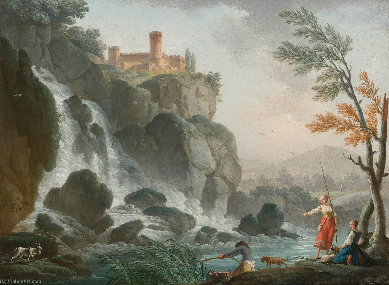 Fishing At The Edge Of A River With A Waterfall, Below A Castle — Charles Francois Lacroix De Marseille