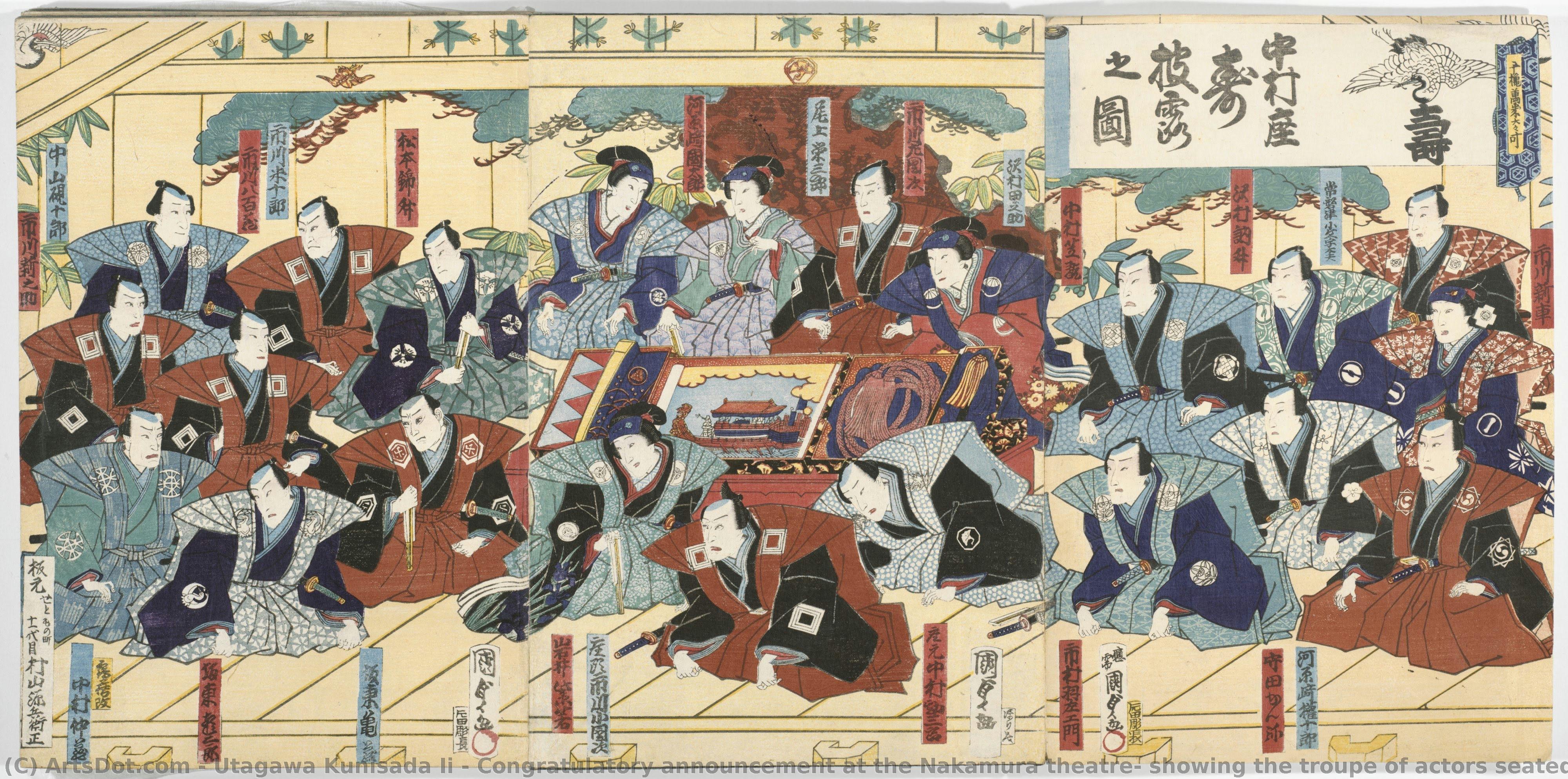Congratulatory Announcement At The Nakamura Theatre, Showing The Troupe Of Actors Seated On The Stage — Utagawa Kunisada Ii
