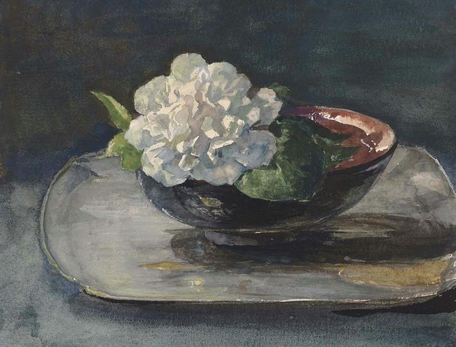 White Camellia In A Red And Black Lacquer Bowl — John La Farge