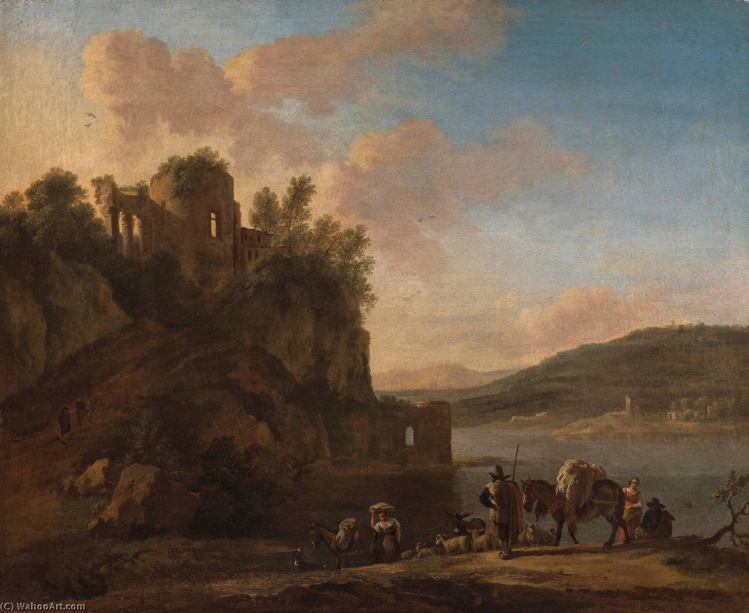 An Italianate River Landscape With Herders On A Path With Their Flock And Donkeys, Classical Ruins On A Hilltop Beyond — Jan Asselyn
