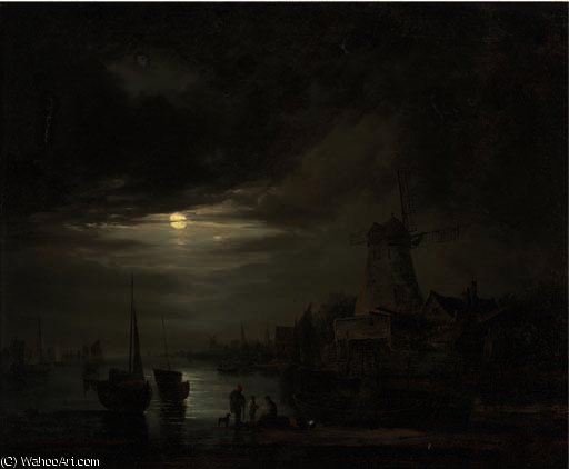 Figures On The Bank Of A River, By Moonlight — Abraham Pether (mondlicht-pether)