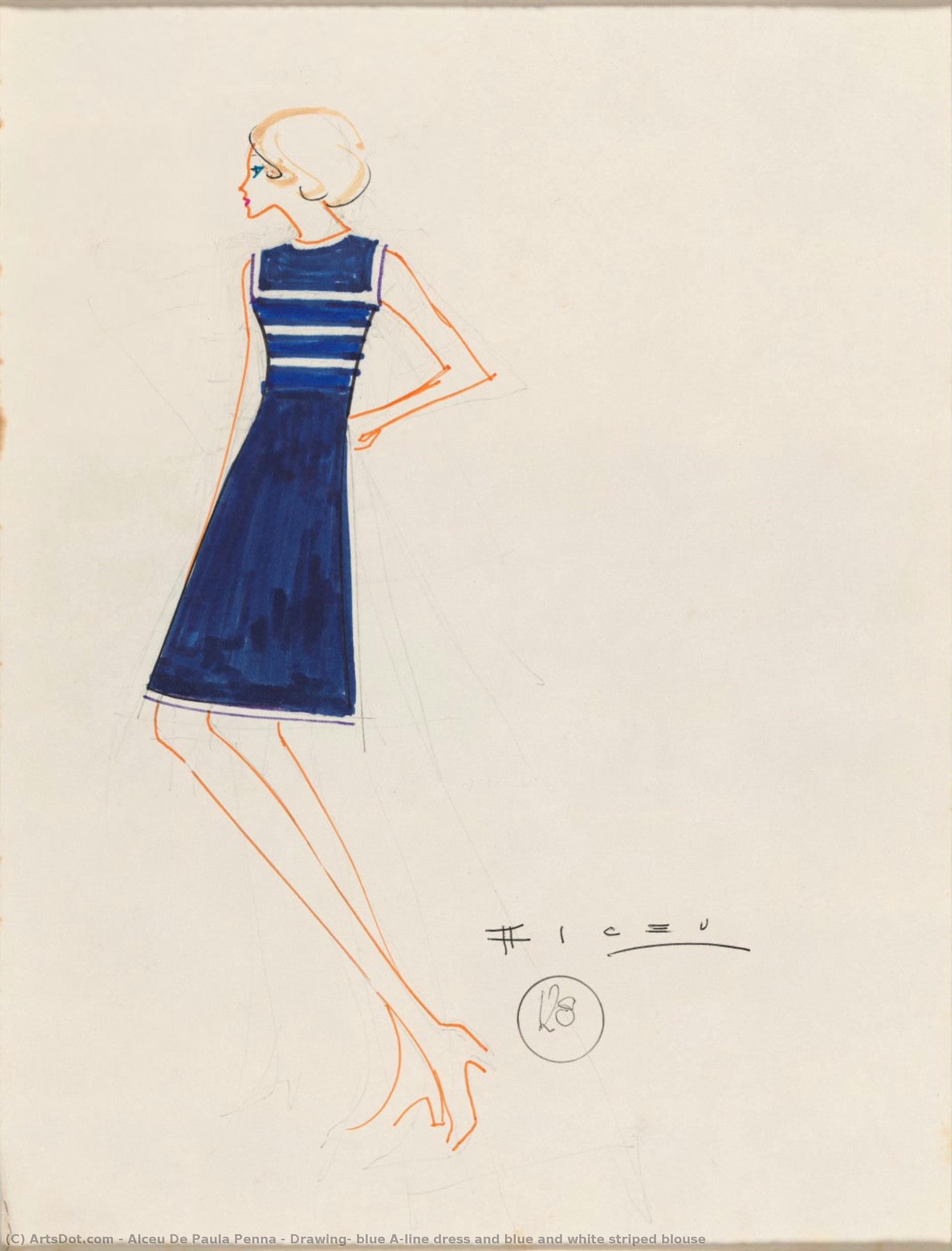 Drawing, Blue A-line Dress And Blue And White Striped Blouse — Alceu De Paula Penna