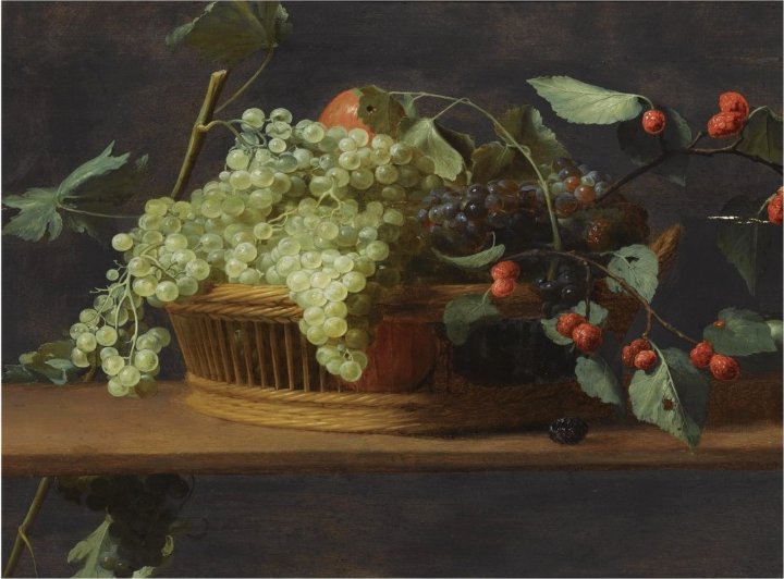 Still Life Of Blue And White Grapes, Together With Wild Strawberries, All In A Basked On A Wooden Ledge — Jacob Foppens Van Es