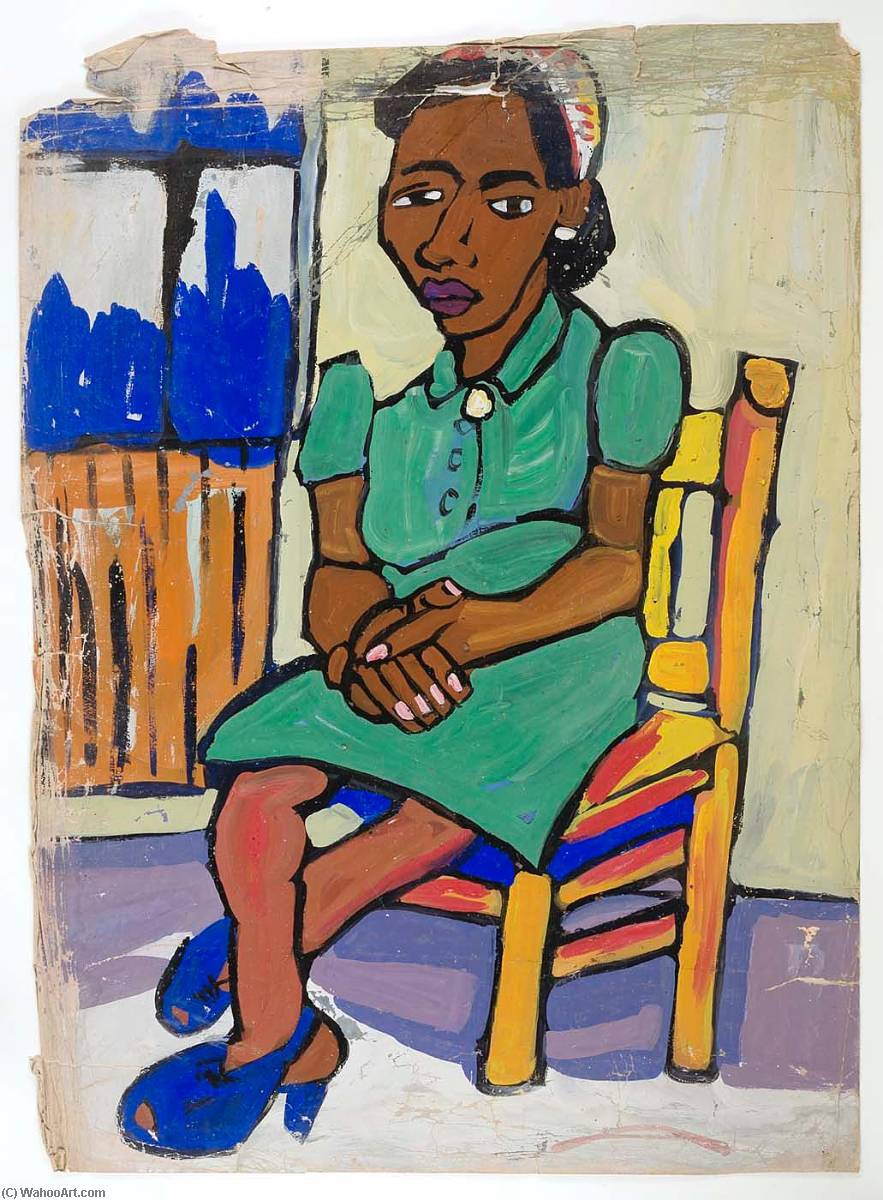 Seated Woman In Green Dress And Blue Shoes — William H. Johnson
