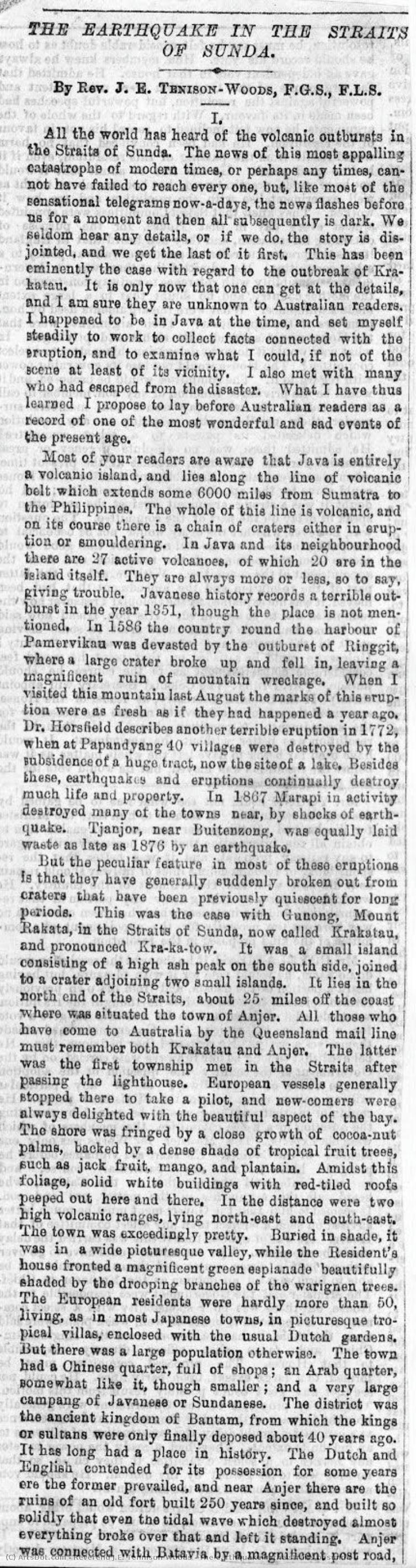 The Earthquake In The Straits Of Sunda — Reverend J.e. Tennison Woods